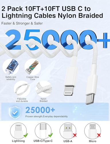USB C to Lightning Cable Nylon Braided [Apple MFi Certified] -2Pack 10/10FT - color: White, size: 10ft+10ft