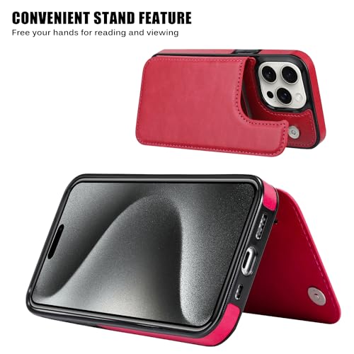 Compatible with iPhone 15 Pro Max 6.7” Wallet Case +1 Screen Protector, Slim Protective case with Card Holder, PU Leather Kickstand Card Slots Case -Rose Red - color: Rose Red