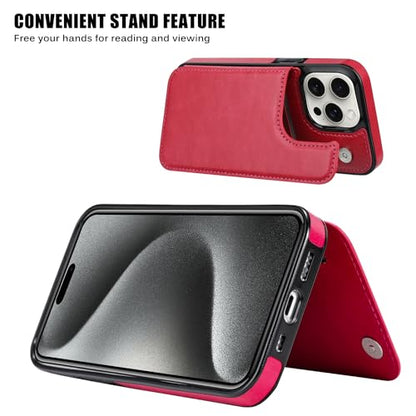 Compatible with iPhone 15 Pro Max 6.7” Wallet Case +1 Screen Protector, Slim Protective case with Card Holder, PU Leather Kickstand Card Slots Case -Rose Red - color: Rose Red