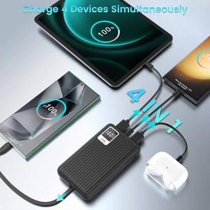 25W Super Fast Charging Portable Charger 10000mAh Power Bank,Built in Cable