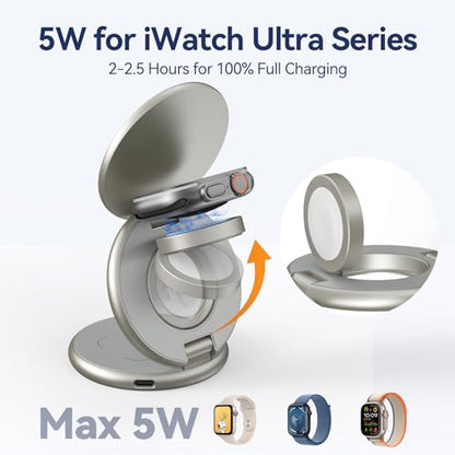 KU XIU X63 Natural Titanium 3 in 1 Charging Station for Apple, Aluminum Alloy Foldable Magnetic Wireless Charger, Travel Stand for iPhone 17/16/15/14/13/12, Apple Watch & AirPod,with 20W Adapter - color: Natural Titanium