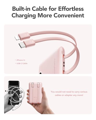 Mini Portable Charger with Built-in Cables 22.5W Fast Charging Power Bank USB-C Small Battery Pack 10000mAh Travel Essential Slim Battery for iPhone 17/16/15/14, Samsung 25/24, and More - color: Pink