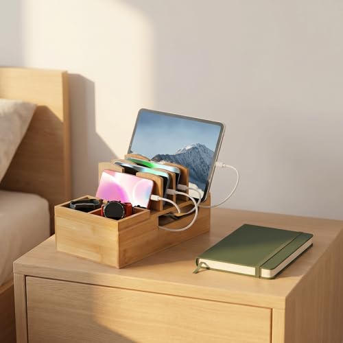 Fasmov Bamboo Charging Station, Charging Stand for Multiple Devices, Electronic Device Desktop Dock Stations Organizer, Cell Phone Docking Stations for Multi Laptop, Tablets, IPads, Watch, Earbuds