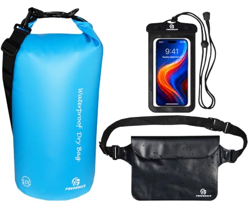 Freegrace Waterproof Dry Bag with Double Zip-Lock, Phone Case & Waist Pouch | 10L Sky Blue, Submersible 500D Drysack, Adjustable Crossbody Strap, Gear For Kayaking, Boating, Beach, Swimming, Scuba Diving - color: Sky Blue, size: 10L, style: Without Window