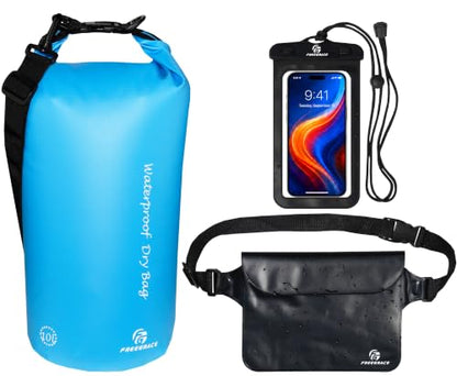Freegrace Waterproof Dry Bag with Double Zip-Lock, Phone Case & Waist Pouch | 10L Sky Blue, Submersible 500D Drysack, Adjustable Crossbody Strap, Gear For Kayaking, Boating, Beach, Swimming, Scuba Diving - color: Sky Blue, size: 10L, style: Without Window