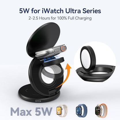 KU XIU X63 3 in 1 Charging Station for Apple, Aluminum Alloy Foldable Magnetic Wireless Charger, Travel Charger for iPhone 17/16/15/14/13/12 Series, Apple Watch & AirPods(with 20W Adapter)-Black - color: Black