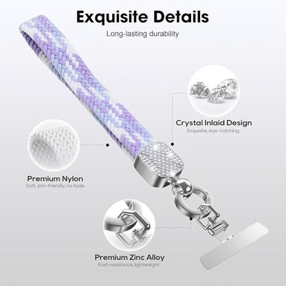 Elastic Phone Lanyard with Phone Tabs, Stretchy Braided Cellphone Wrist Strap and Keys Keychain - color: Bling Purple