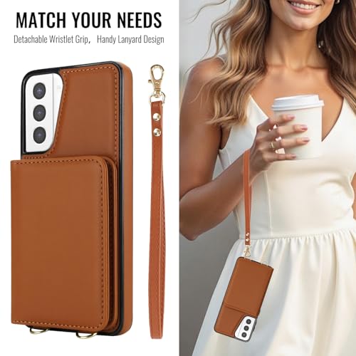 Phone Case for Samsung Galaxy S21 Plus S21+ 5G Wallet Cell Cover with Tempered Glass Screen Protector Wrist Crossbody Strap RFID Blocking Stand Card Holder S21+5G S21plus 21S + S 21 21+ G5 Women Brown - color: Brown
