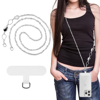 MoKo Universal Phone Lanyard, Metal Cell Phone Chain Crossbody Strap Anti-Theft Detachable Women Cellphone Lanyards Around The Neck with Patches for iPhone, Most Smartphones - Silver - color: Silver