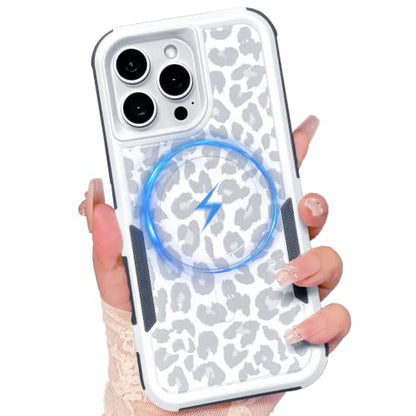 Magnetic Cute Case for iPhone 16 Pro Max, White Leopard Cheetah | Compatible with Magsafe, Heavy Duty Tough Rugged Full body Protection Shockproof Protective Phone Case for Women Girls - color: Magnetic-iPhone 16 Pro Max