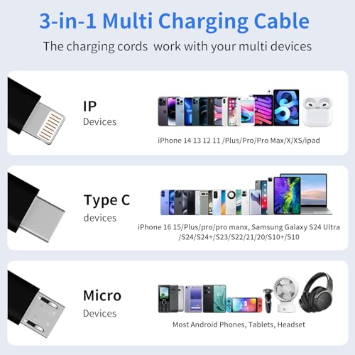 3 in 1 Multi Charging Cable, USB Cable Universal Charger, 2Pack 4FT - color: Black