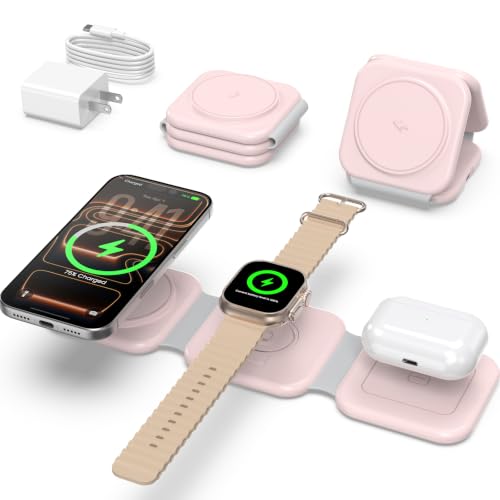 15W Magnetic Travel Charging Station, 3-in-1 Foldable MagSafe Charger - color: Blush Pink