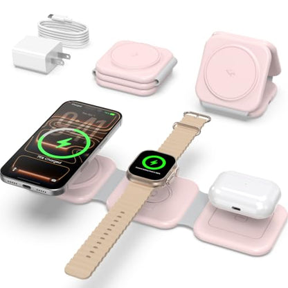 15W Magnetic Travel Charging Station, 3-in-1 Foldable MagSafe Charger - color: Blush Pink