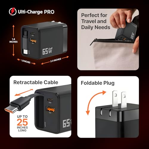 Ulti Charge Pro 65W USB C Charger with 25 Inch Retractable USB C Cable