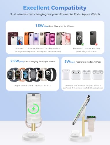 Aeinidi 3 in 1 Fast Wireless Charging Station for Apple MagSafe Charger - color: Gold White, size: 15W