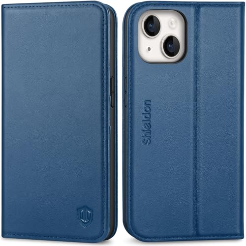 SHIELDON Genuine Leather Case Wallet for iPhone 14 6.1" 2022, Royal Blue | Magnetic Closure, RFID Blocking, Credit Card Slot, Kickstand, Flip Book Design, Shockproof Phone Cover - color: Royal Blue