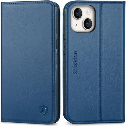 SHIELDON Genuine Leather Case Wallet for iPhone 14 6.1" 2022, Royal Blue | Magnetic Closure, RFID Blocking, Credit Card Slot, Kickstand, Flip Book Design, Shockproof Phone Cover - color: Royal Blue