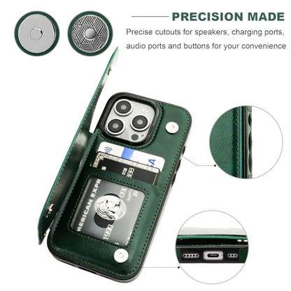 ONETOP for iPhone 16 Pro Wallet Case with Credit Card Holder,Green | Kickstand,ID/Cash Holder,Case Wallet with Card Slots,Double Magnetic Clasp,Durable PU Leather Shockproof Cover for Women Men - color: Green