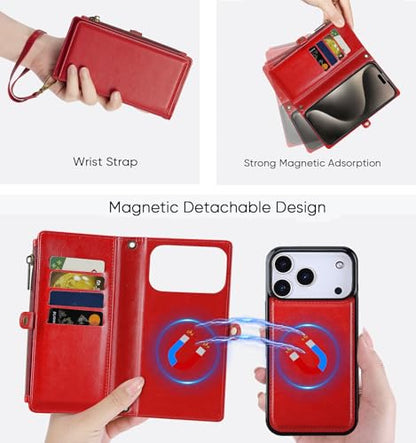 for iPhone 17 Pro Wallet Case, [Compatible with Magsafe] [Magnetic Detachable] [RFID Blocking] PU Leather Case with Card Holder & Crossbody Strap for Women Men, Red - color: Red