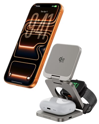 3 in 1 Charging Station for Apple - Qi2.2 25W Magnetic Wireless Charger for iPhone 18/17, Apple Watch, AirPods, Travel Fast Charging Foldable Stand with 45W GaN Adapter, Aluminum Alloy Design - color: Titanium Color