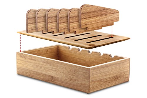 Prosumer's Choice Wooden Charging Station Organizer - 5-Port Base for Phones, Tablets and Laptops - Multi-Device Docking Station with Removable Divider Slots - Cord Box with Cable Management - Bamboo