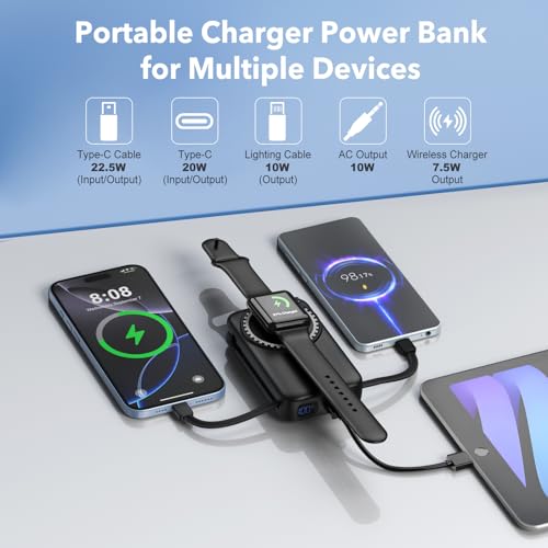 Magnetic Portable Charger 10000mAh for iPhone with Built-in Cables and Wall Plug,Wireless Power Bank with iWatch Charger,LCD Display 22.5W Fast Charging Battery Pack for iPhone 17/16/15/14/13 (Black) - color: Black