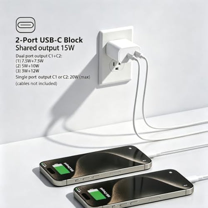 Dual USB C Charger Block for Apple Watch 11 10 iWatch iPhone iPad AirPods - color: White, size: 2-C 20W x1