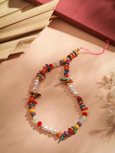 MINACHI Boho Beaded Wrist Strap Lanyard, Handmade Phone Keychain with Faux Pearls & Colorful Irregular Beads - color: Keychain Key.002