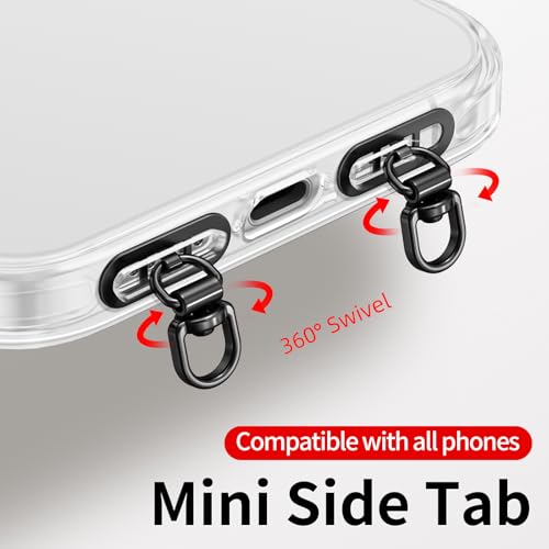 saxsion Side-Mount Phone Tether Tab, Metal Lanyard Patch, 360° Swivel Clip, 304 Stainless Steel, Won't Block Charging Port - color: Classic Black*4