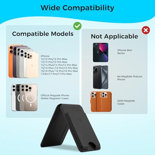 Genuine Leather MagSafe Wallet with Stand | RFID Blocking Magnetic Phone Wallet Card Holder for iPhone 17/16/15/14/12 | Ultra-Slim Minimalist Design | Stronger Magnetic Grip (BLACK) - color: BLACK