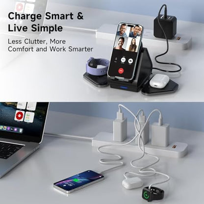 3 in 1 Charging Station, Mag Safe Wireless Charger Stand, Qi2-enable, 15W Multiple Device Magnetic Charging Station for iPhone 16,15,14,13,12 Series, Apple Watch, AirPods (USB-C Charger Included)