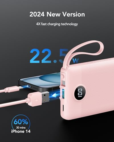 VRURC 22.5W 10000mAh Fast Charging Power Bank Built‑in 4 Cables - color: Pink
