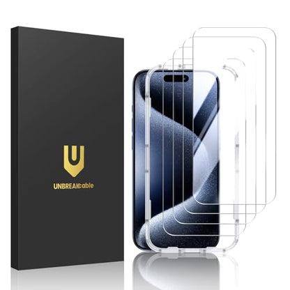 UNBREAKcable 4-Pack iPhone 15 Pro Max Screen Protector, 9H Hardness | 9H tempered glass | 99.99% HD clarity | Double Shatterproof|alignment frame easy install | case-friendly - size: iPhone 15 Pro Max