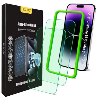 JESOHO Screen Protector for iPhone 14 Pro Max 6.7 inch, 2 Pack | Blue Light Blocking Tempered Glass Film, Eye Protection, Case Friendly, No Bubble,with Easy Installation Kit - size: iPhone 14 Pro Max (6.7 inches)