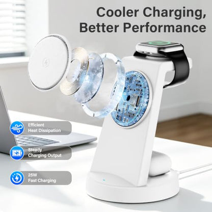 25W Magnetic Fast 3 in 1 Charging Station Wireless Charger Stand - color: White