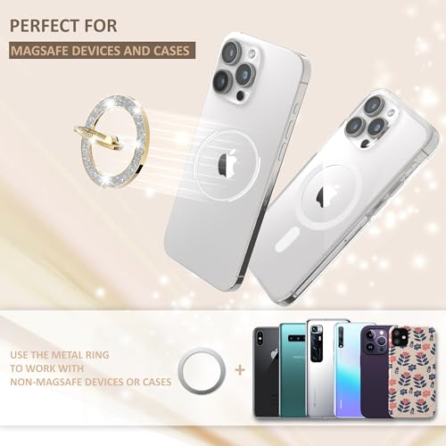 Pikabo Magnetic Phone Ring Holder for MagSafe, Glitter Phone Grip Stand - color: Glitter Gold