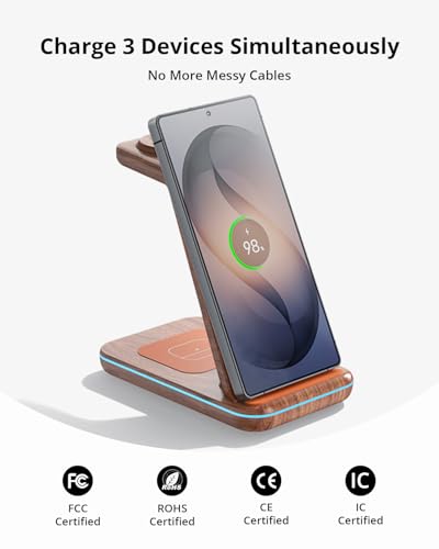 3 in 1 Wireless Charger for Samsung: JoyGeek Charging Station for S26/S25/S24/S23/S22/S21/S20/Note20/Z Fold&Flip Series, Galaxy Watch8/7/6/5/4/3/Active2/1, Buds 3 Pro, Not for Galaxy Watch9 / Ultra2 - color: Woodgrain
