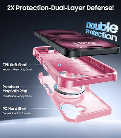 Magnetic for iPhone 17 Case Rugged Dual-Layer Shockproof Pink | Military-Grade Heavy Duty Protection, Fit for Magsafe, Matte Finish Scratch Resistant Anti-Fingerprint, Anti-Slip Phone Cover - color: Pink