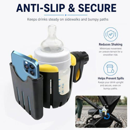 2 in 1 Universal Cup Holder with Phone Mount Tool-Free Clamp On for Stroller Walker Wheelchair Bike Scooter 360 Degree Rotatable Yellow - color: Yellow