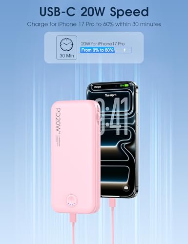 Nusyddy Portable Charger 10000mAh Fast Charging w/Built-in Wall Plug Pink - color: Pink