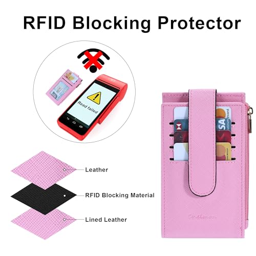 Chelmon Women's RFID Slim Card Holder Wallet | Thin Bifold Multi Card Case with Zipper Coin Pocket Purse for Women(Pink) - color: Pink