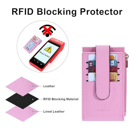Chelmon Women's RFID Slim Card Holder Wallet | Thin Bifold Multi Card Case with Zipper Coin Pocket Purse for Women(Pink) - color: Pink