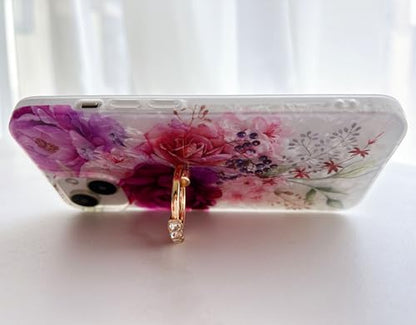 Qokey for iPhone 13/14 Case 6.1 inch,Flower Design Cute Clear for Women Girls with 360 Degree Rotating Ring Kickstand Soft TPU Shockproof Cover Purple Red - color: Fuchsia