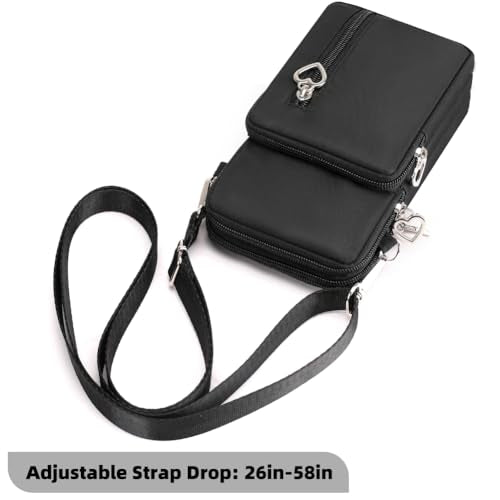 Small Crossbody Bag for Women, Multi Zip Pockets Nylon Wallet Purse Credit Card Holder with Detachable Hand Strap - color: Black