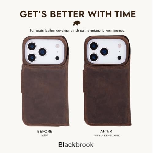BlackBrook Detachable Leather Wallet Case Compatible with iPhone 17 Pro | Full-grain detachable folio with RFID blocking, 3 card slots, ID window, built-in kickstand, wireless charging, handcrafted. - color: Distressed Coffee, size: iPhone 17 Pro