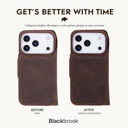 BlackBrook Detachable Leather Wallet Case Compatible with iPhone 17 Pro | Full-grain detachable folio with RFID blocking, 3 card slots, ID window, built-in kickstand, wireless charging, handcrafted. - color: Distressed Coffee, size: iPhone 17 Pro