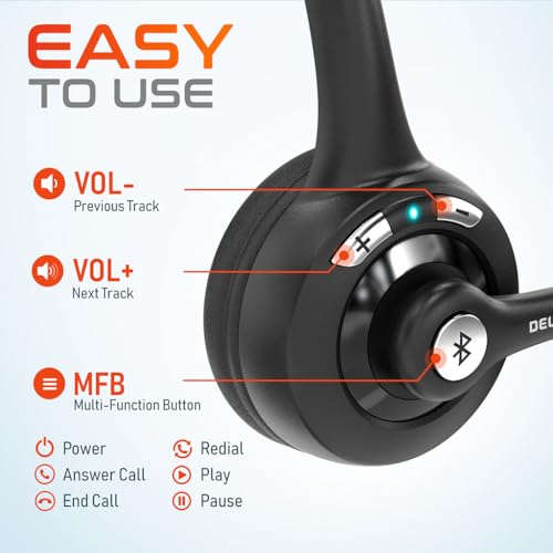 Delton 10X Bluetooth Computer Headset, On-Ear Single Ear Wireless Headset | with Noise Canceling Mic for Computer/Laptop/Call Center/Truck Driver, Works with All Meetings Apps - Black