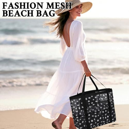 GYEUKHAM Mesh Beach Bag for Women, Sand-Resistant Pool Tote, 9 Pockets (1 Inner Zip), Foldable Family Travel Essentials - color: L-dot
