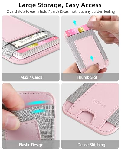 Phone Card Holder, Leather Phone Wallet Stick On, Fit 7 Cards | RFID Blocking, Stronger Adhesive Card Holder Back of Phone, Credit Card Holder for Phone Case iPhone, Samsung, Baby Pink - color: Pink