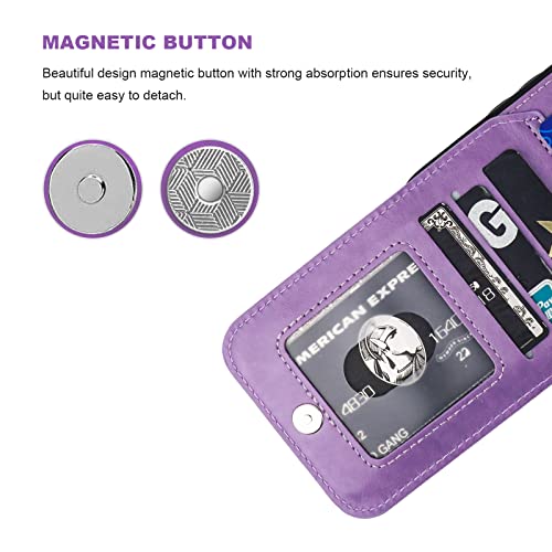 KIHUWEY for iPhone 14 Pro Max Wallet Case Card Holder Kickstand, Purple | Credit Card Slots, PU Leather, Magnetic Clasp, Flip Heavy Duty Protection Cover for Men and Women - color: Purple